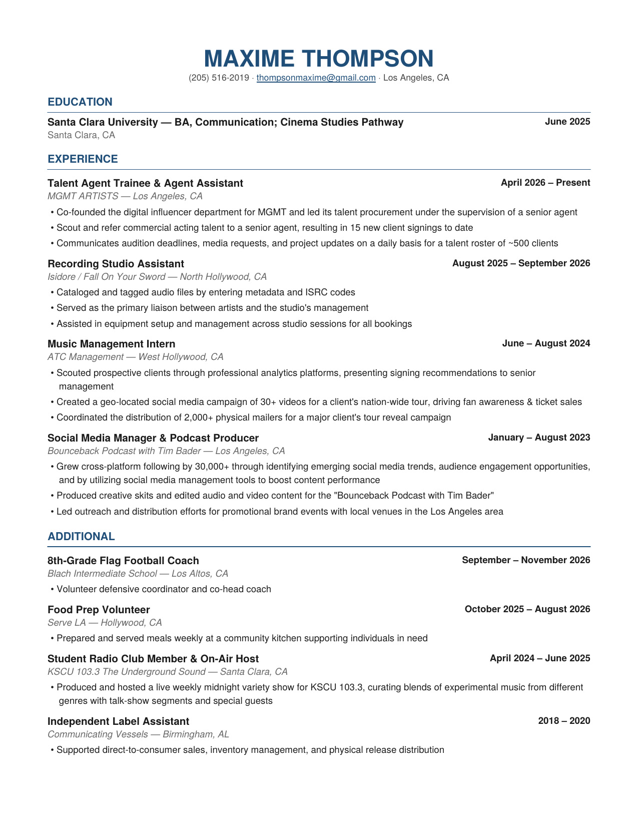 Maxime Thompson's resume, page 1
